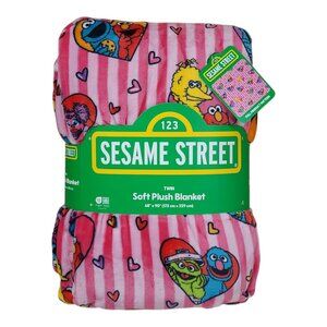 Sesame Street Twin Soft Plush Blanket Pink Striped With Hearts Characters 68X90